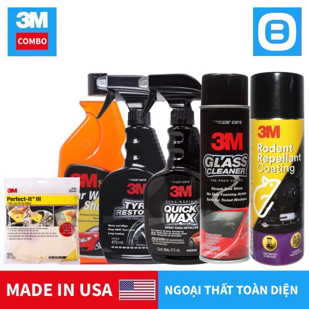 3M Combo ngoại thất toàn diện, 1 Xà bông rửa xe 1lít, 1 Khăn 50400VL chống xước, 1 Bóng sơn 39034 473ml, 1 Bóng lốp 39042 473ml, 1 Rửa kính 08888 538g, 1 Chống chuột 250g, Sạch bóng toàn diện