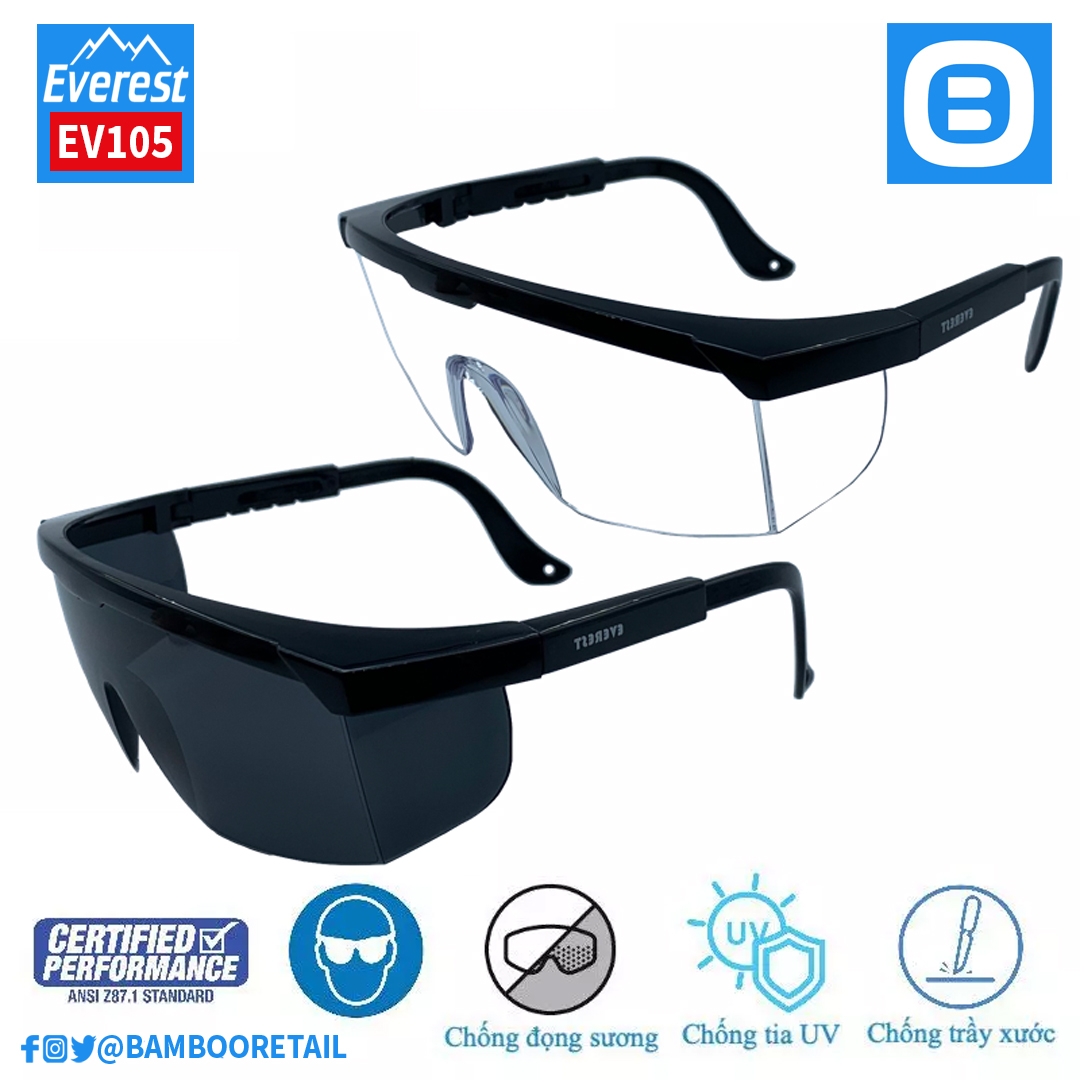 Everest EV105 Kính bảo hộ cao cấp chống bụi, chống tia UV, chống đọng sương, chống trầy xước bảo vệ mắt
