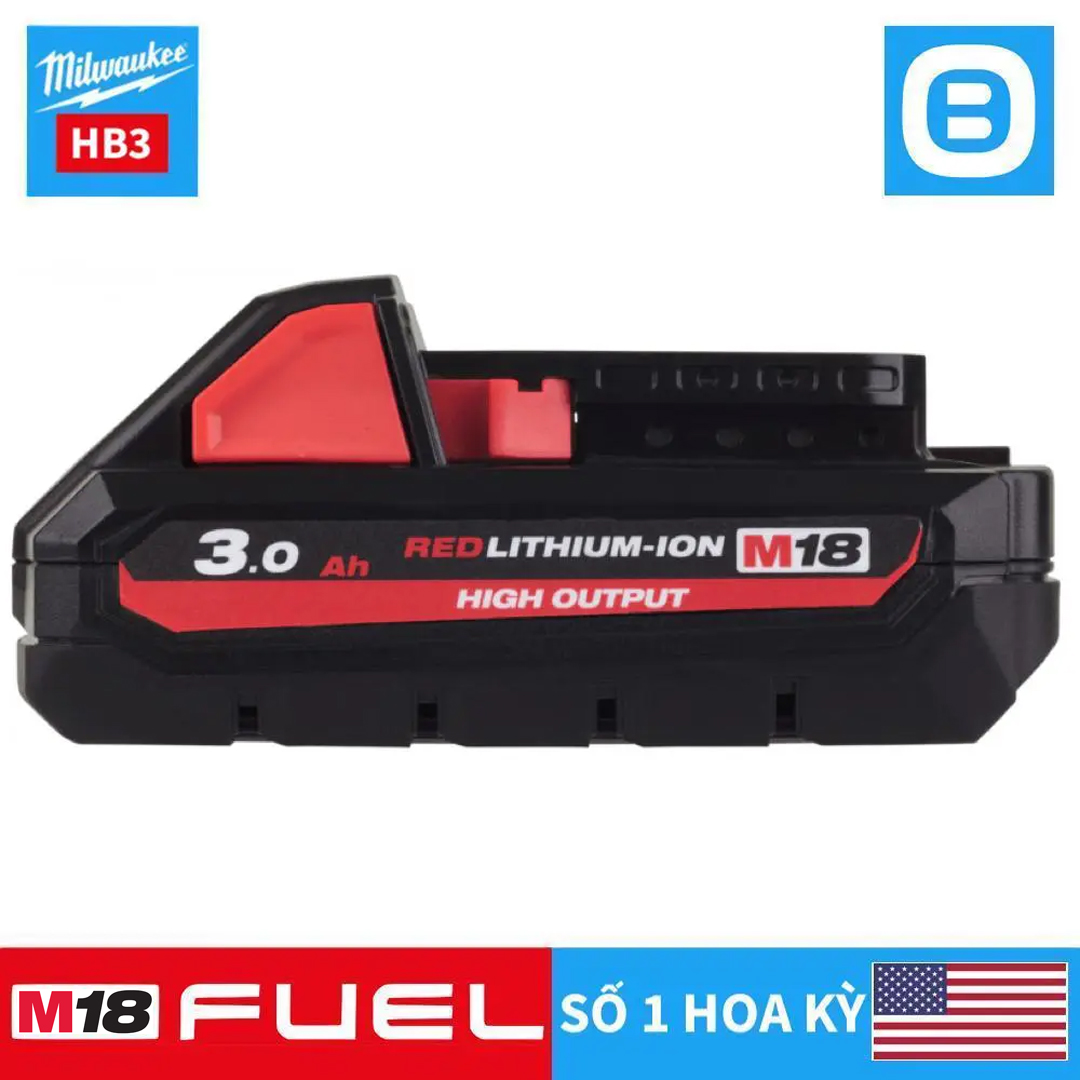 Milwaukee M18 HB3, Pin thế hệ mới M18™ HIGH OUTPUT™, 18V, 3.0 Ah, Màu đỏ đen