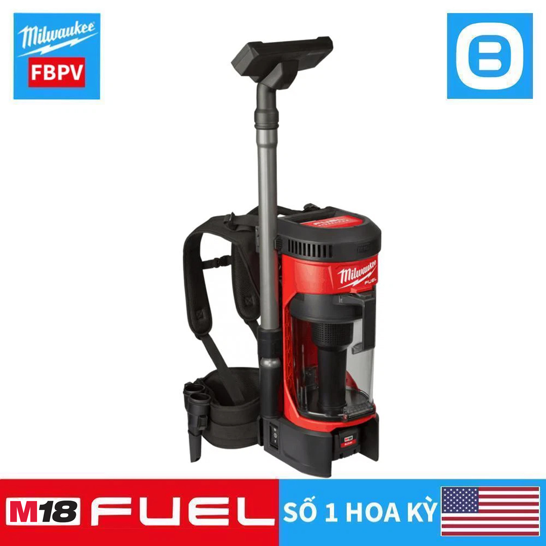 Milwaukee M18 FBPV, Máy hút bụi đeo lưng, 18V, HEPA, 3,8L, Màu đỏ đen, 16073008