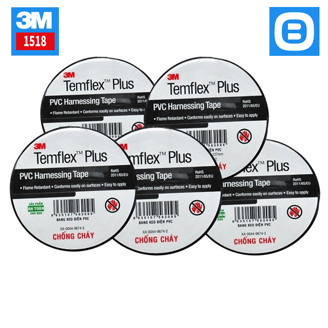 3M 1518 Temflex Plus Harnessing Tape (PVC), Băng keo điện chống cháy lan 19mmx18m