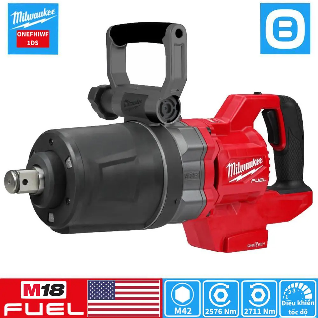Milwaukee M18 ONEFHIWF1DS, Máy siết bu lông đầu ngắn, 18V, 2576 Nm, 1 inch, M42, Màu đỏ đen, 18398006