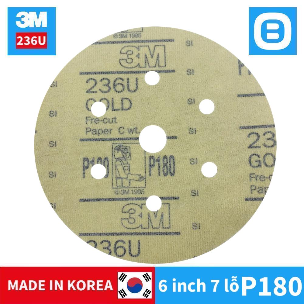 3M Hookit Glold 236U, Đĩa nhám 236U, Độ nhám P180, 6 inch, 7 lỗ, Màu vàng