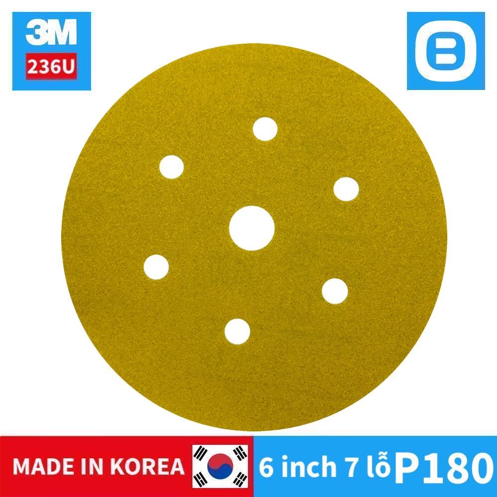 3M Hookit Glold 236U, Đĩa nhám 236U, Độ nhám P180, 6 inch, 7 lỗ, Màu vàng