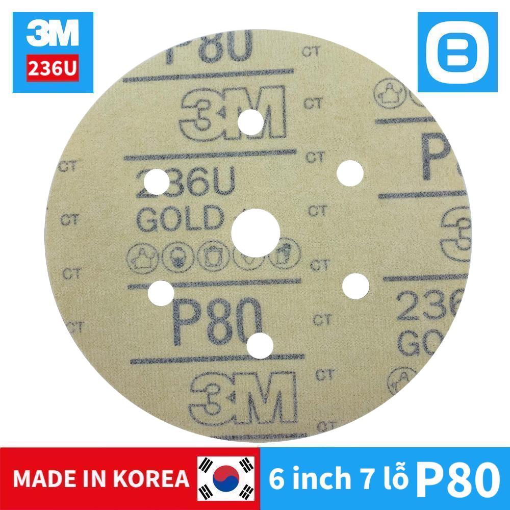 3M Hookit Glold 236U, Đĩa nhám 236U, Độ nhám P80, 6 inch, 7 lỗ, Màu vàng