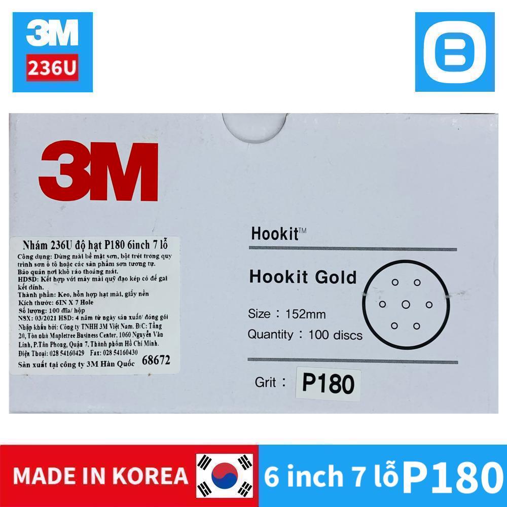 3M Hookit Glold 236U, Đĩa nhám 236U, Độ nhám P180, 6 inch, 7 lỗ, Màu vàng