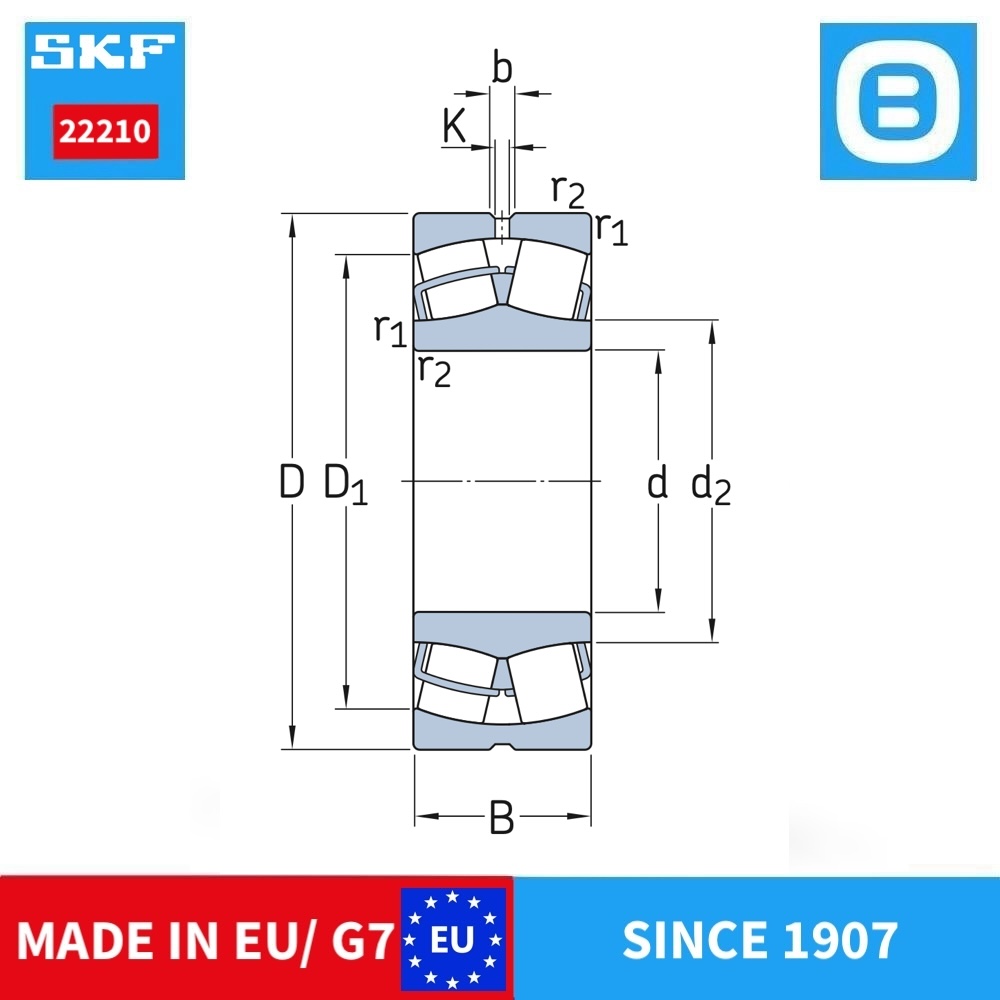 SKF 22210 E EK E/C3 EK/C3, Spherical roller bearing, Vòng bi tang trống hai dãy tự lựa, d50xD90xB23 mm, Xuất xứ EU/G7