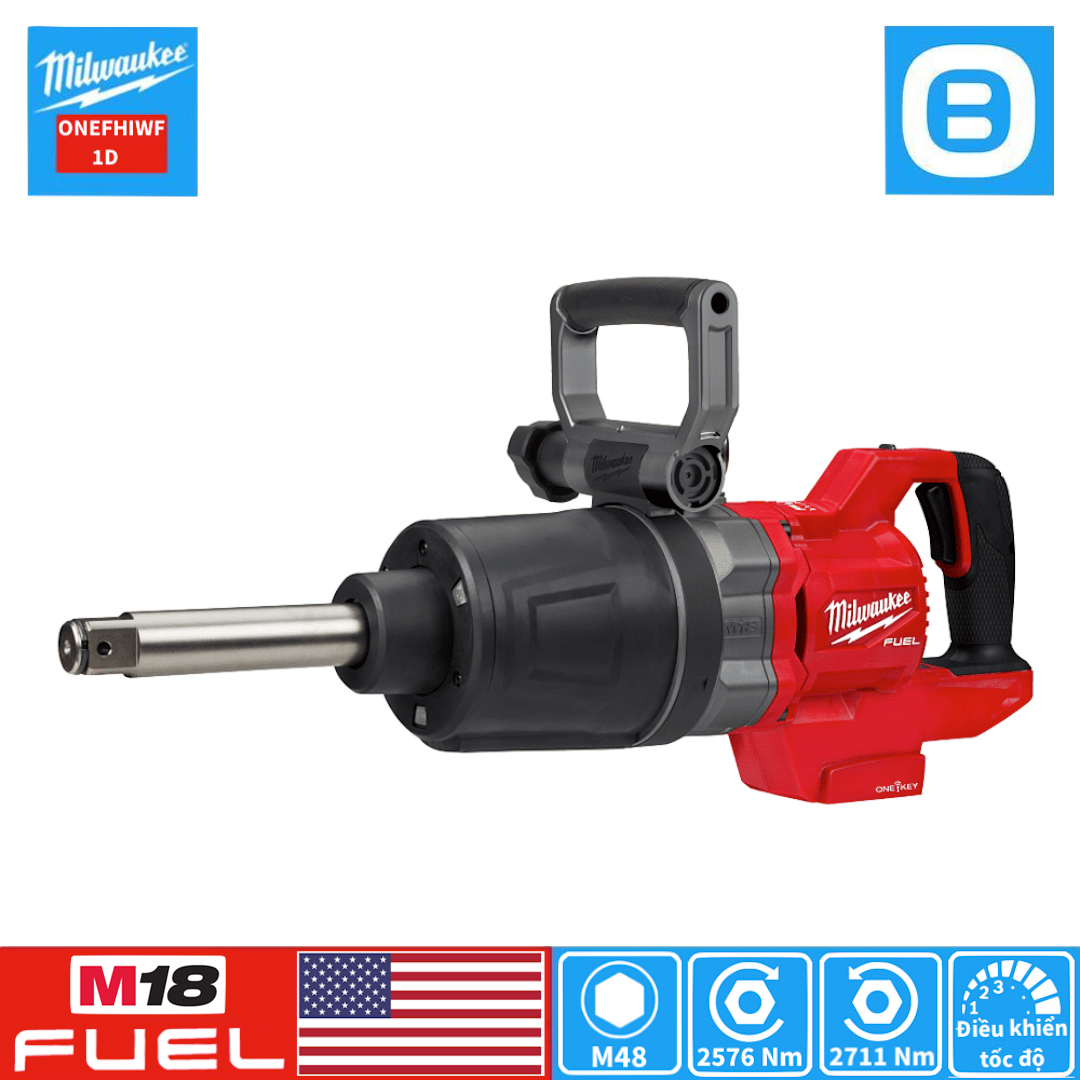 Milwaukee M18 ONEFHIWF1D, Máy siết bu lông đầu dài, 18V, 2711 Nm, 1 inch, M48, Màu đỏ đen, 18399007