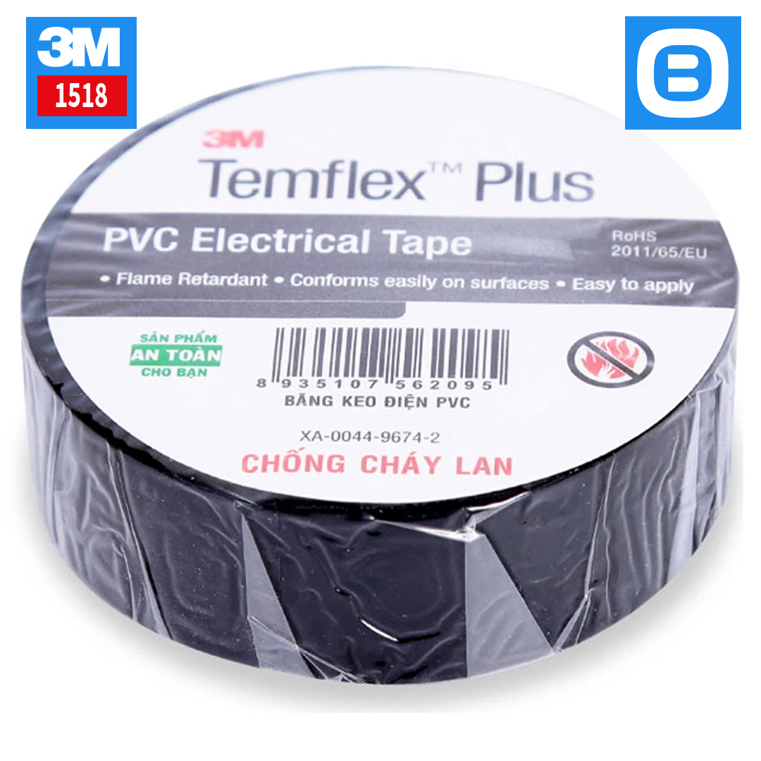 3M 1518 Temflex Plus Harnessing Tape (PVC), Băng keo điện chống cháy lan 19mmx18m