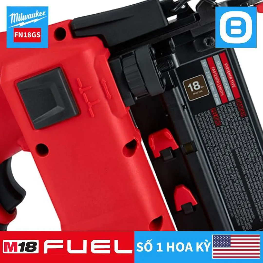 Milwaukee M18 FN18GS, Máy bắn đinh, 18V, Đướng kính đinh 1,02mm, Chiều dài đinh 54mm, Màu đỏ đen, 18341007