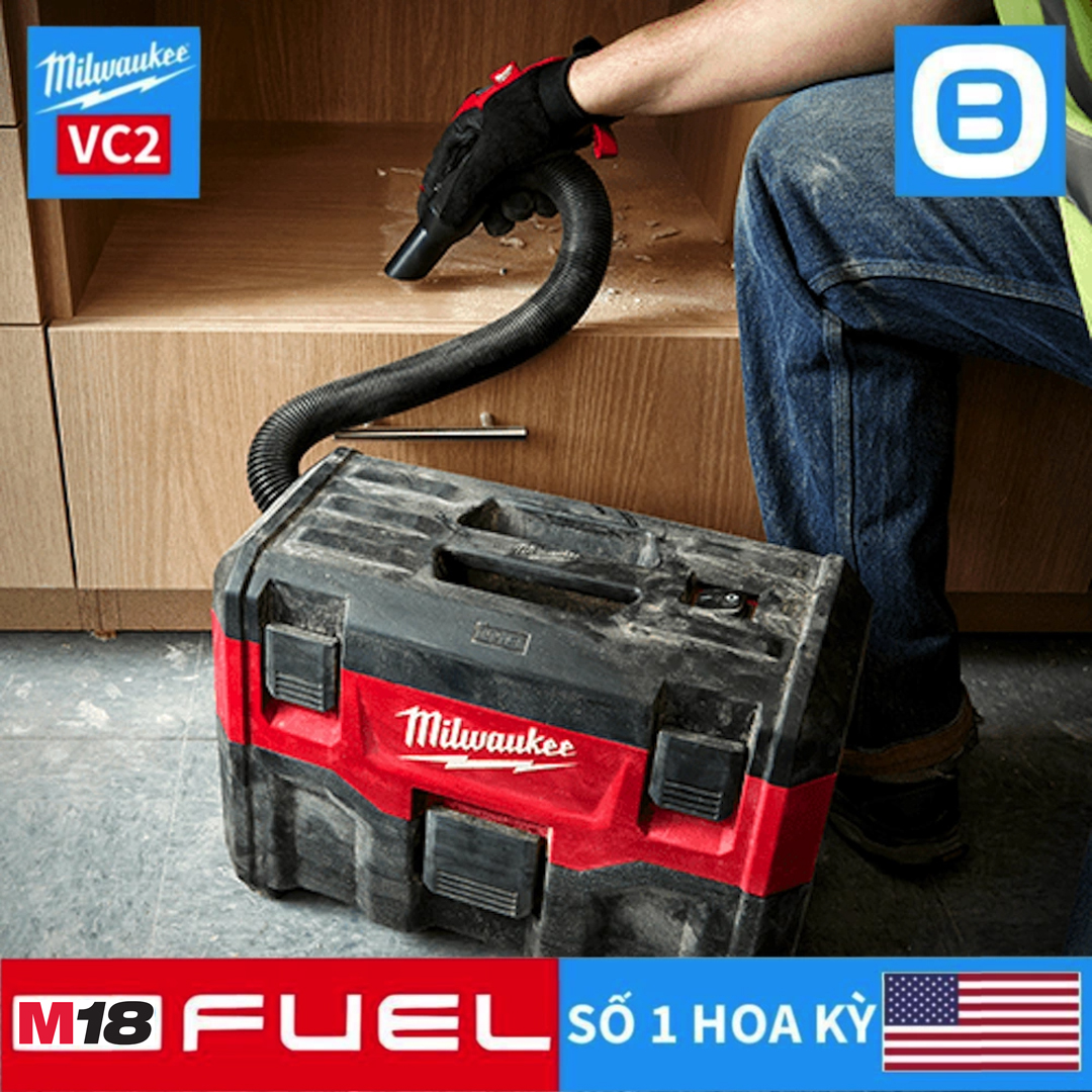 Milwaukee M18 VC2, Máy hút bụi khô ướt, 18V, 7,5L, Màu đỏ đen, 16071017