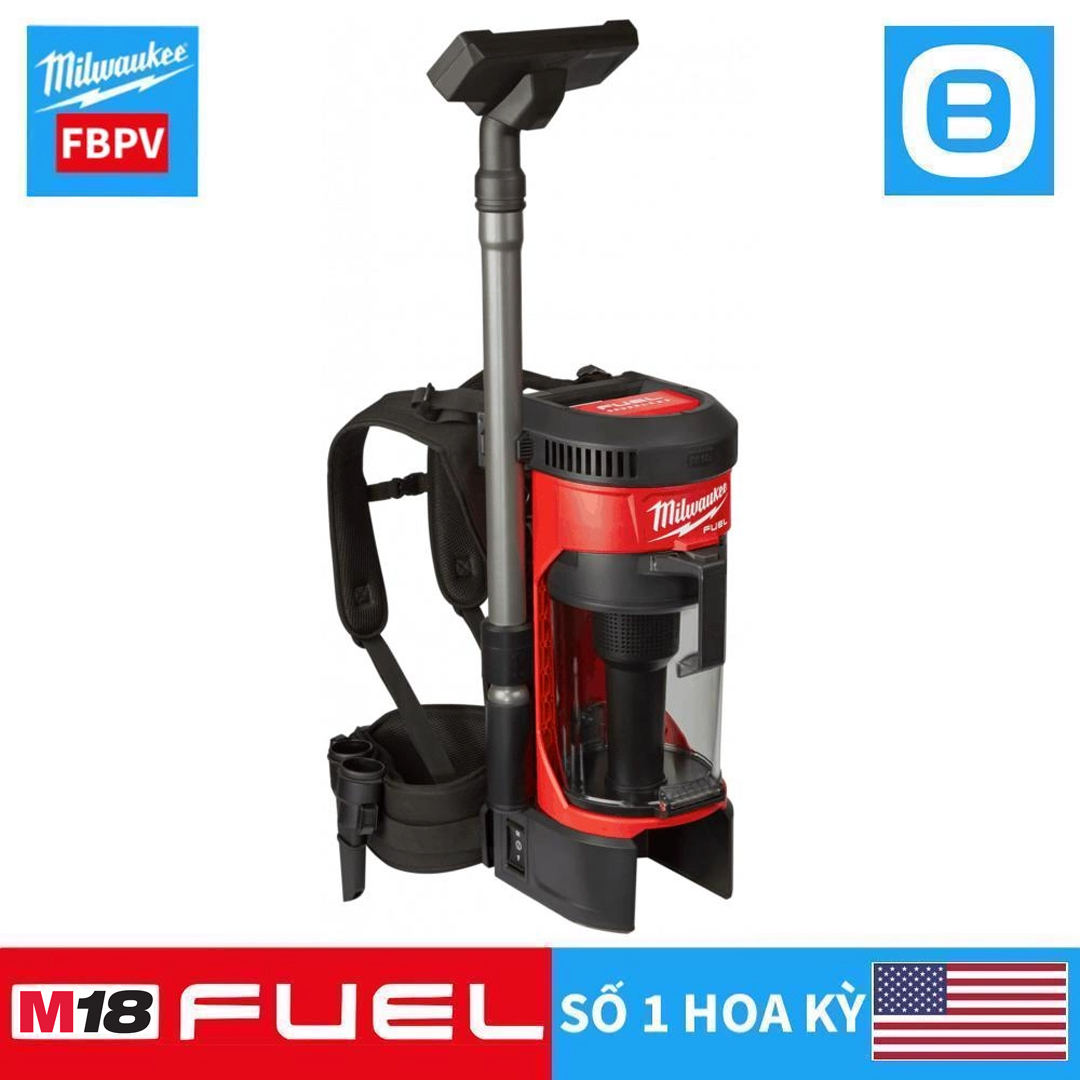 Milwaukee M18 FBPV, Máy hút bụi đeo lưng, 18V, HEPA, 3,8L, Màu đỏ đen, 16073008