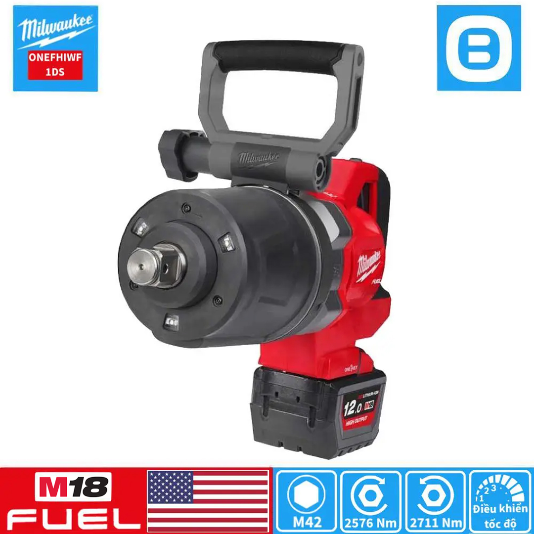 Milwaukee M18 ONEFHIWF1DS, Máy siết bu lông đầu ngắn, 18V, 2576 Nm, 1 inch, M42, Màu đỏ đen, 18398006
