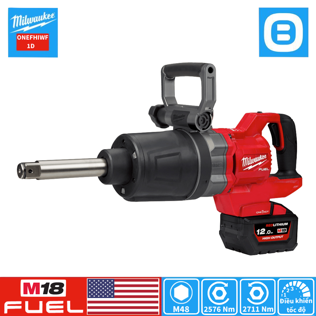 Milwaukee M18 ONEFHIWF1D, Máy siết bu lông đầu dài, 18V, 2711 Nm, 1 inch, M48, Màu đỏ đen, 18399007