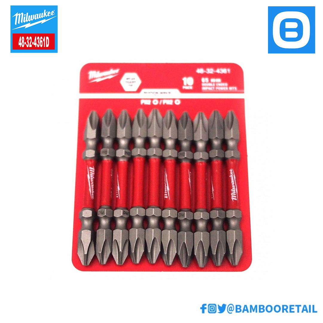 Milwaukee 48-32-4361D, Đầu vặn vít ngắn PH2-65mm, bộ 10 mũi, Màu đỏ đen