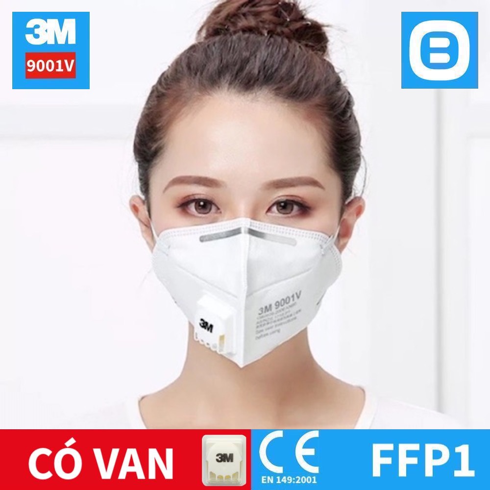 3M 9001V, Khẩu trang bảo vệ hô hấp, Dây đeo qua tai, Có van, P1, Màu trắng, XH003838204