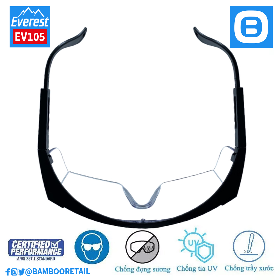 Everest EV105 Kính bảo hộ cao cấp chống bụi, chống tia UV, chống đọng sương, chống trầy xước bảo vệ mắt