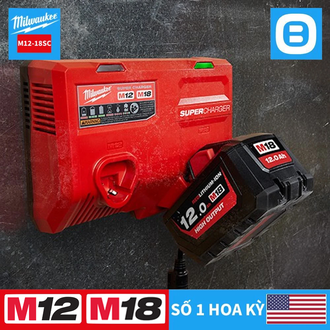 Milwaukee M12-18SC, Bộ Sạc nhanh 12V-18V, Màu đỏ đen, 1998212