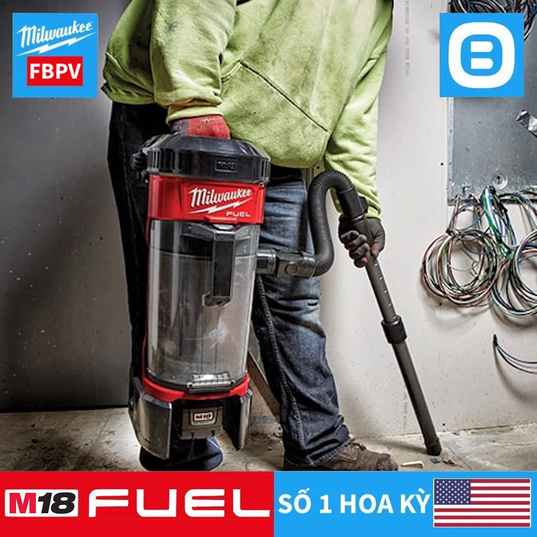 Milwaukee M18 FBPV, Máy hút bụi đeo lưng, 18V, HEPA, 3,8L, Màu đỏ đen, 16073008