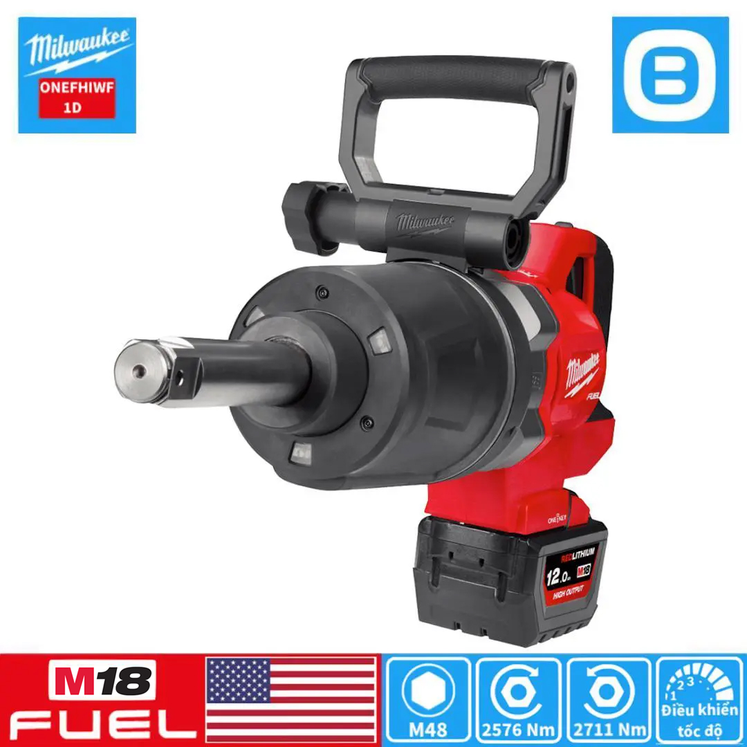 Milwaukee M18 ONEFHIWF1D, Máy siết bu lông đầu dài, 18V, 2711 Nm, 1 inch, M48, Màu đỏ đen, 18399007