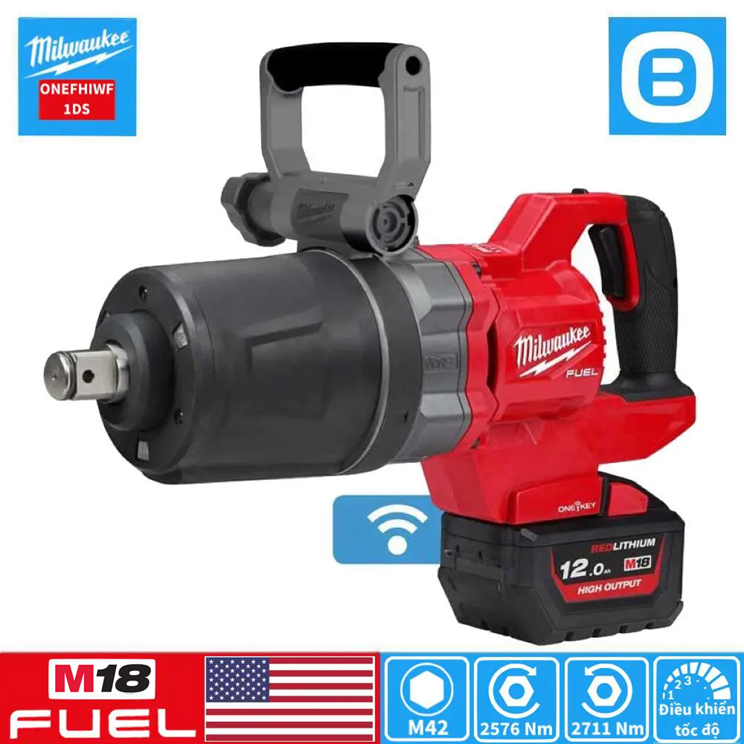 Milwaukee M18 ONEFHIWF1DS, Máy siết bu lông đầu ngắn, 18V, 2576 Nm, 1 inch, M42, Màu đỏ đen, 18398006