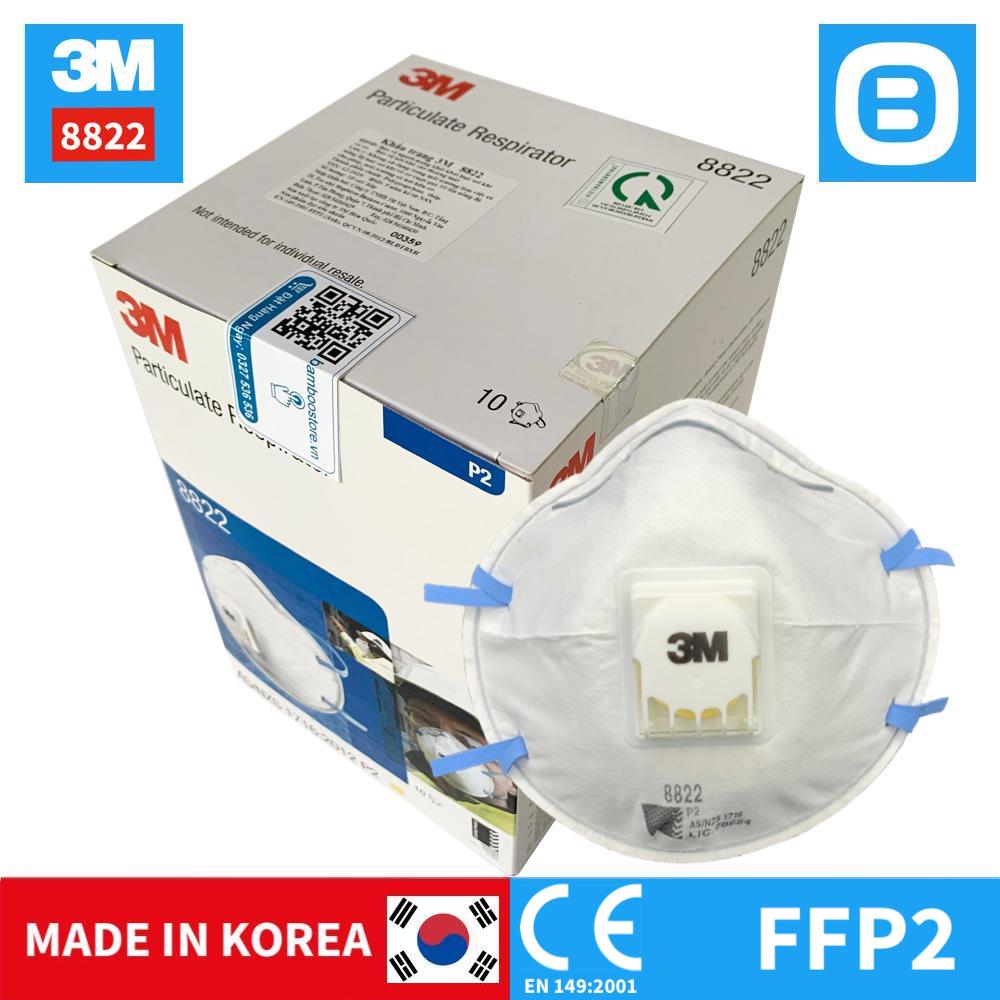 3M 8822, Khẩu trang bảo hệ hô hấp, P2, Có van, Dây đeo qua đầu, Màu trắng, WX700900359