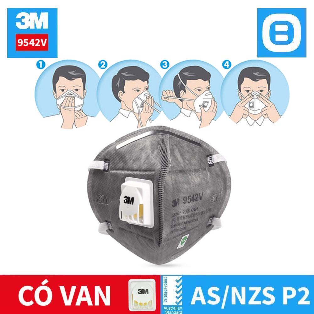 3M 9542V, Khẩu trang than hoạt tính bảo vệ hô hấp, Có van, P2, Dây đeo qua đầu, Màu xám, XY003892813