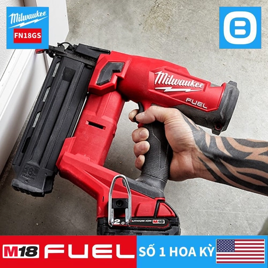 Milwaukee M18 FN18GS, Máy bắn đinh, 18V, Đướng kính đinh 1,02mm, Chiều dài đinh 54mm, Màu đỏ đen, 18341007