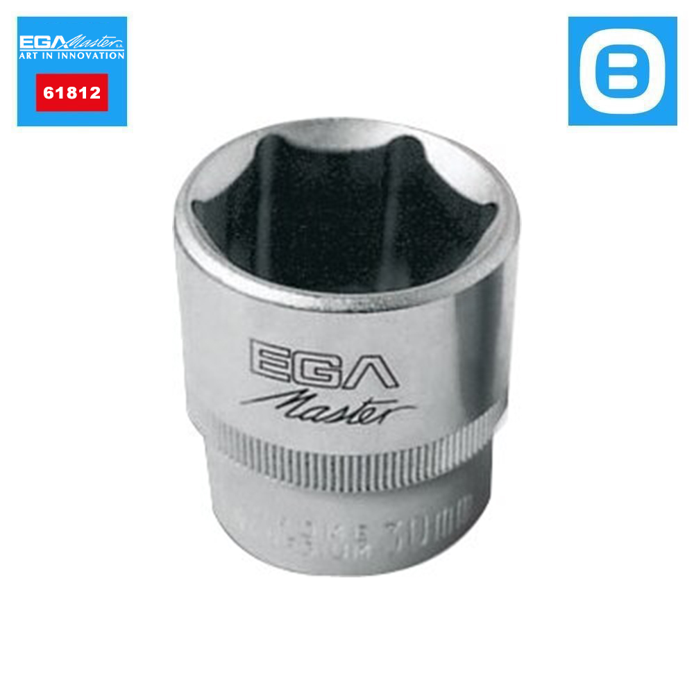EGA Master 61812, Socket wrench 1/2" 20mm standard 6 edges DIN 3124, Đầu tuýp 1/2 inch 20mm tiêu chuẩn 6 cạnh DIN 3124, 80 gram, Màu bạc