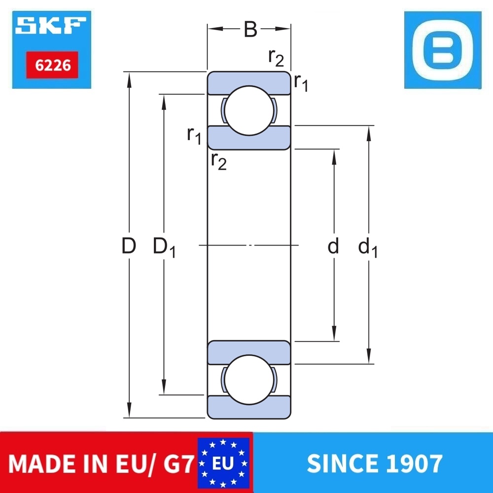 SKF 6226 2Z C3 2Z/C3 2RS1 Deep groove ball bearing, Vòng bi cầu, d130xD230xB40 mm, Xuất xứ EU/G7