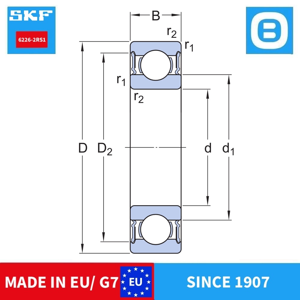 SKF 6226 2Z C3 2Z/C3 2RS1 Deep groove ball bearing, Vòng bi cầu, d130xD230xB40 mm, Xuất xứ EU/G7