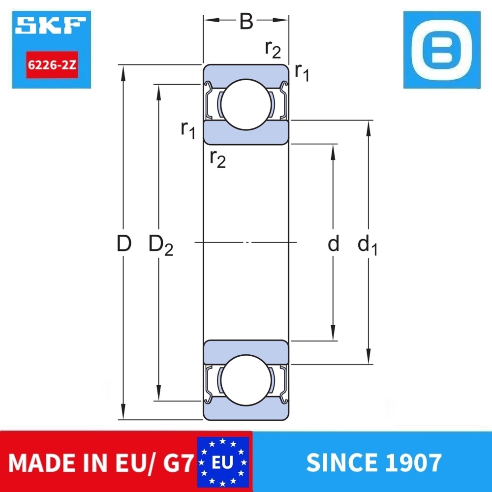 SKF 6226 2Z C3 2Z/C3 2RS1 Deep groove ball bearing, Vòng bi cầu, d130xD230xB40 mm, Xuất xứ EU/G7