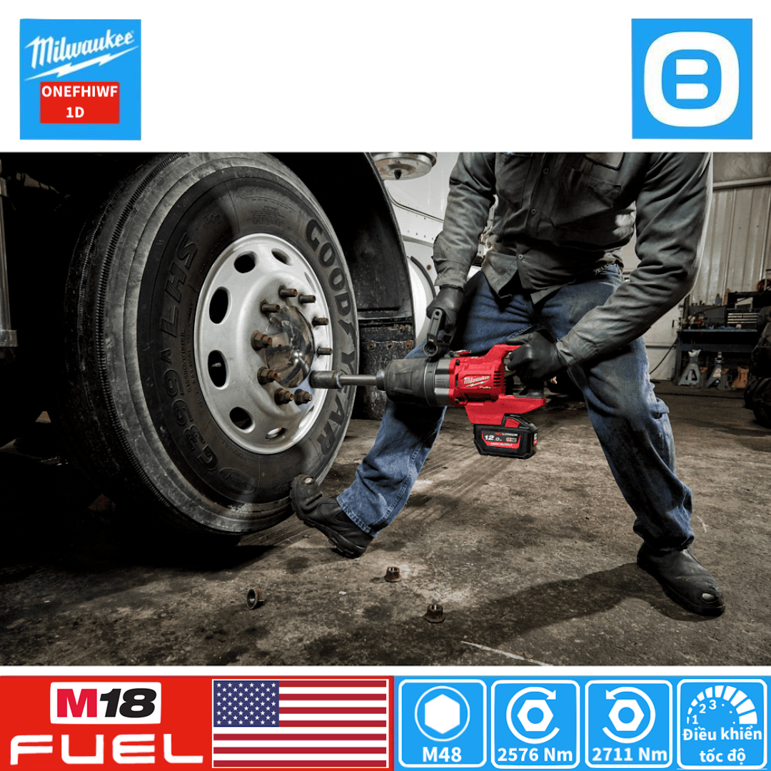 Milwaukee M18 ONEFHIWF1D, Máy siết bu lông đầu dài, 18V, 2711 Nm, 1 inch, M48, Màu đỏ đen, 18399007