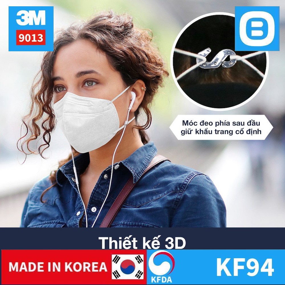 3M 9013, Khẩu trang 3D bảo vệ hô hấp 4 lớp, Có móc treo, Đeo qua tai, KF94, Màu trắng, Màu đen