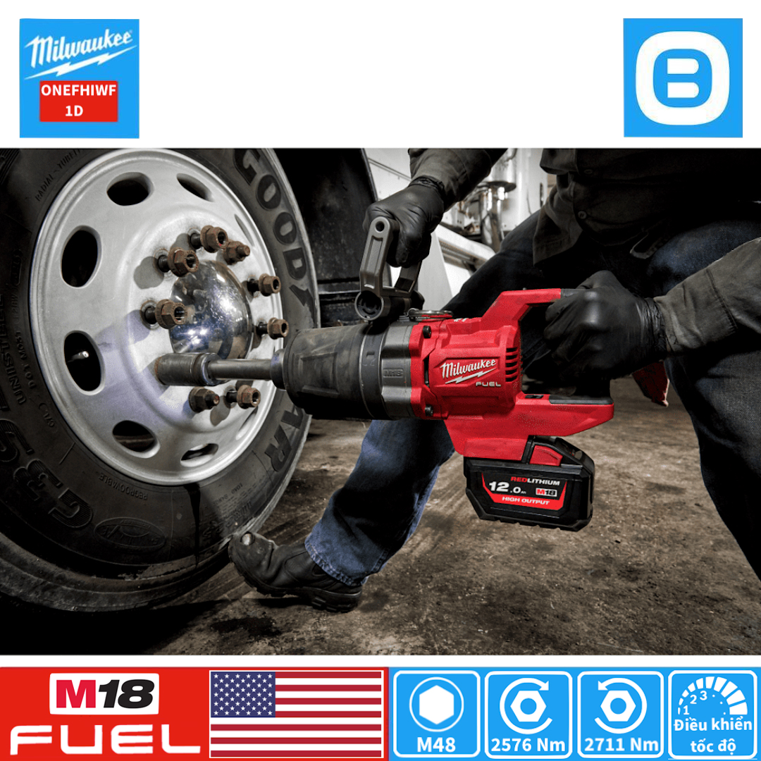 Milwaukee M18 ONEFHIWF1D, Máy siết bu lông đầu dài, 18V, 2711 Nm, 1 inch, M48, Màu đỏ đen, 18399007