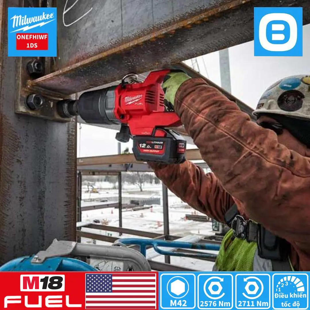 Milwaukee M18 ONEFHIWF1DS, Máy siết bu lông đầu ngắn, 18V, 2576 Nm, 1 inch, M42, Màu đỏ đen, 18398006