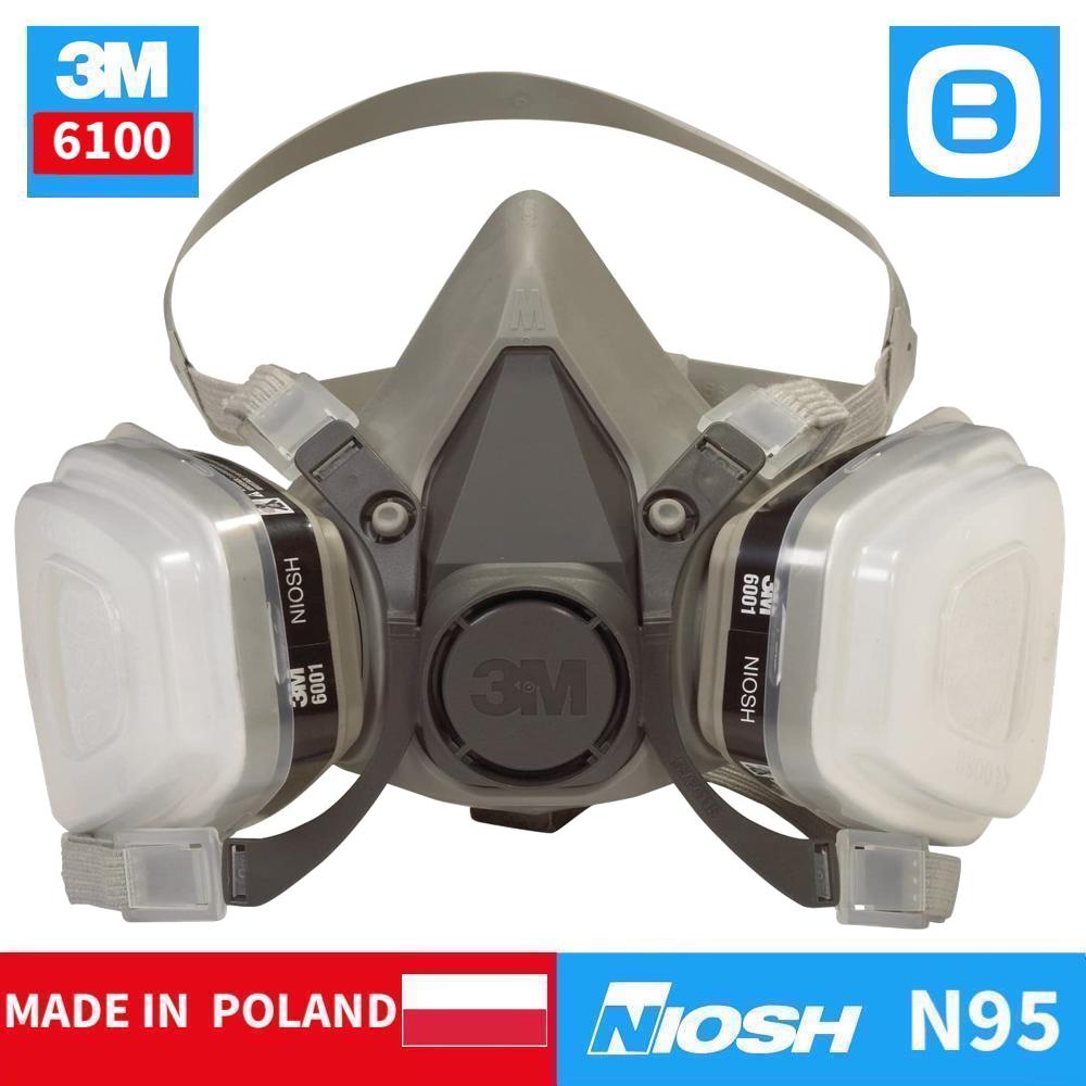 3M Combo mặt nạ phòng độc nửa mặt 6100+Phin lọc than hoạt tính 6001+Tấm lọc 5N11+Nắp giữ 501, NIOSH N95, Lọc 95% virus+hơi hữu cơ