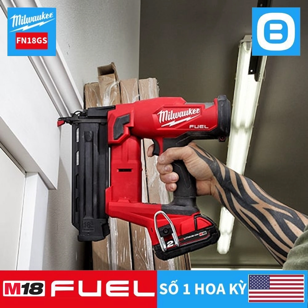 Milwaukee M18 FN18GS, Máy bắn đinh, 18V, Đướng kính đinh 1,02mm, Chiều dài đinh 54mm, Màu đỏ đen, 18341007