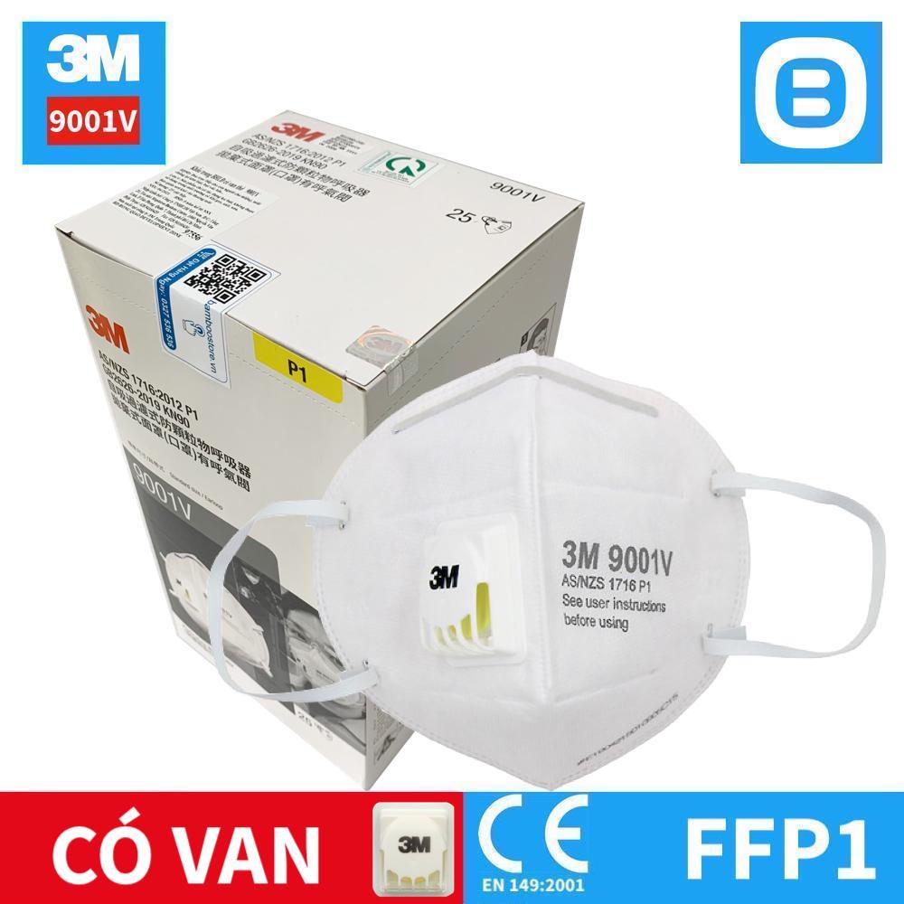 3M 9001V, Khẩu trang bảo vệ hô hấp, Dây đeo qua tai, Có van, P1, Màu trắng, XH003838204