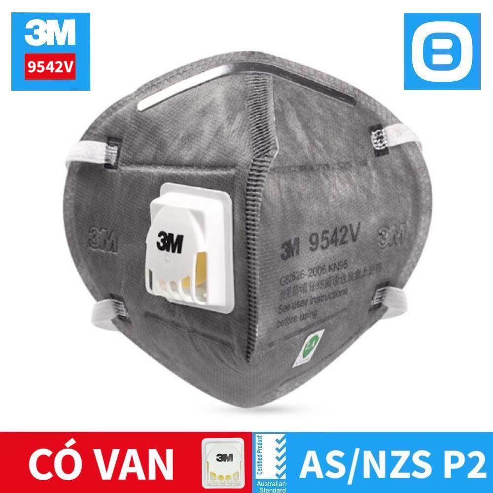 3M 9542V, Khẩu trang than hoạt tính bảo vệ hô hấp, Có van, P2, Dây đeo qua đầu, Màu xám, XY003892813
