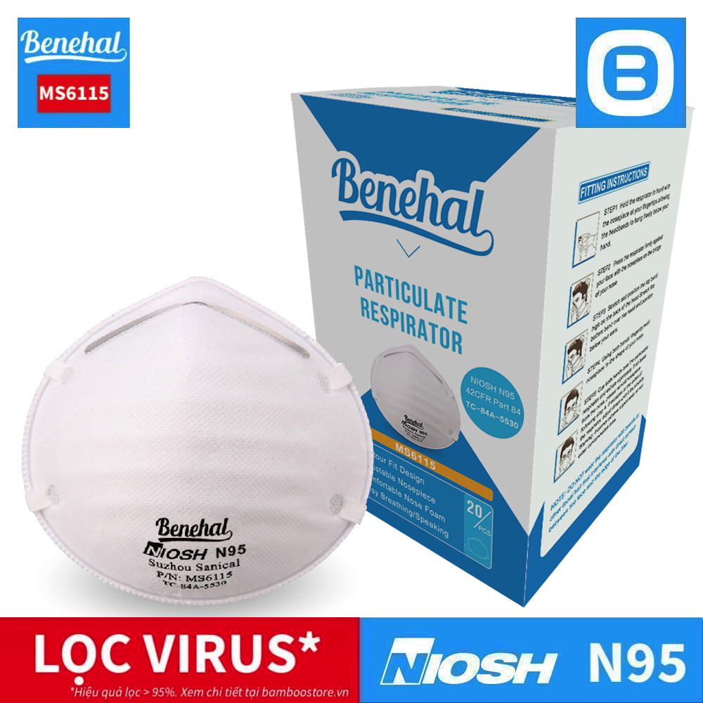 Benehal MS6115, Khẩu trang chuẩn N95 NIOSH, Chống bụi siêu mịn mầm bệnh virus, Màu trắng