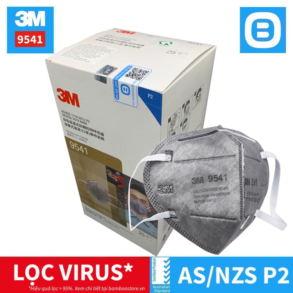 3M 9541, Khẩu trang bảo vệ hô hấp than hoạt tính, Dạng gấp, Dây đeo qua tai, P2, Màu xám, XY003892946