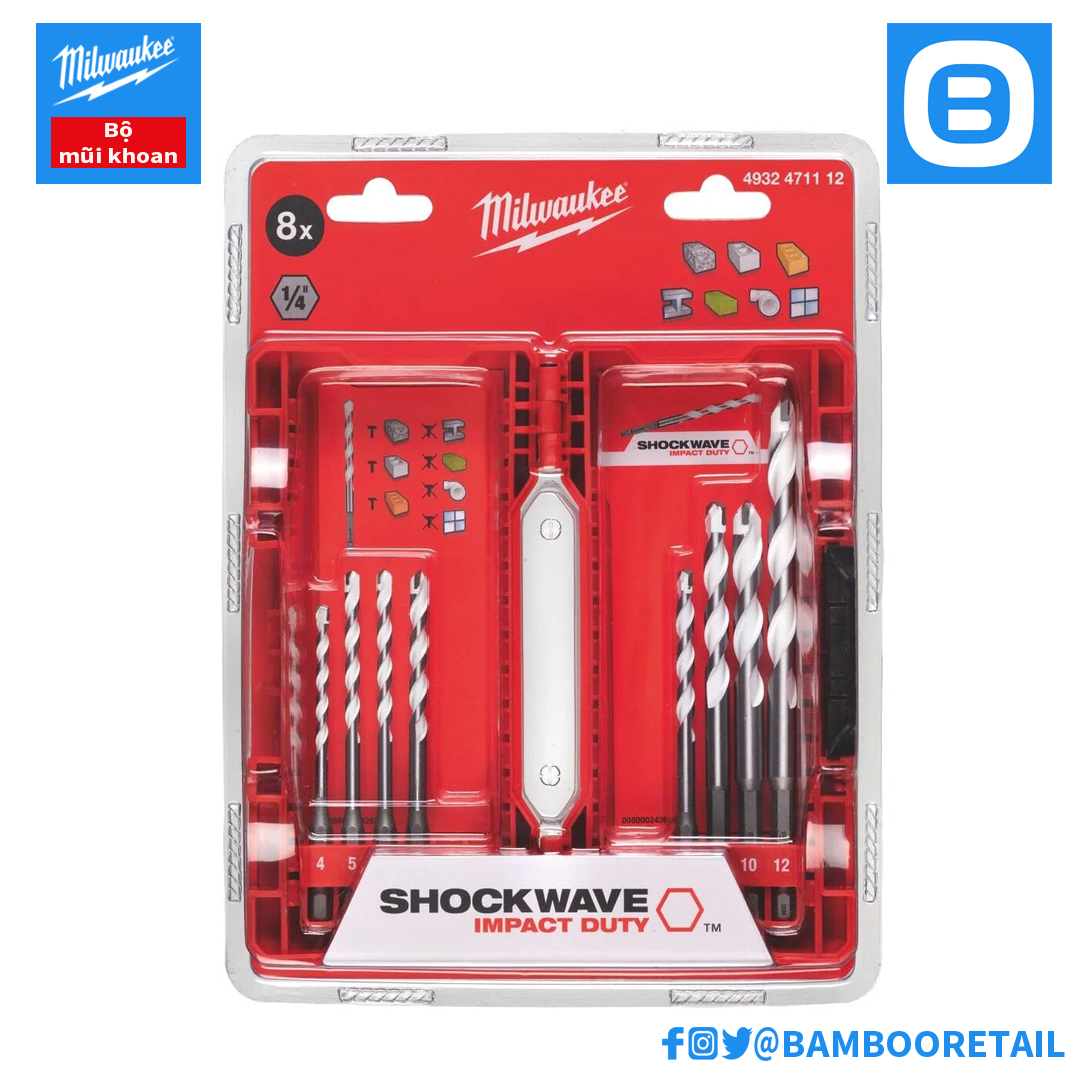 Milwaukee, Combo 1 tháng 5 Khoan êm siết mượt vượt chướng mọi bề mặt - 1 Máy khoan động lực M12 FPD2, 1 Máy vặn vít M12 FPD2, 1 Sạc Pin 12V 12C2 ,1 Pin M12BH5 5Ah, 1 Pin M12B4 4Ah, Tặng 1 Bộ mũi khoan đa năng 8 chiếc