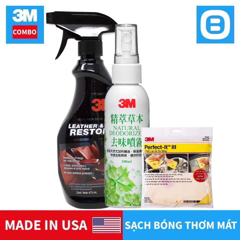 3M Combo nội thất toàn diện, 1 Chai 39040 bảo vệ da 473ml, 1 Khăn 50400VL chống xước, 1 Chai 12009 khử mùi sinh học, Bảo vệ da chống mốc thơm mát