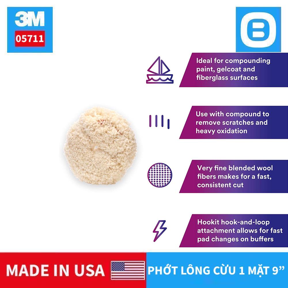3M 05711 Wool Compounding Pad, Phớt lông cừu đánh bóng 1 mặt, 9 Inch, Màu trắng