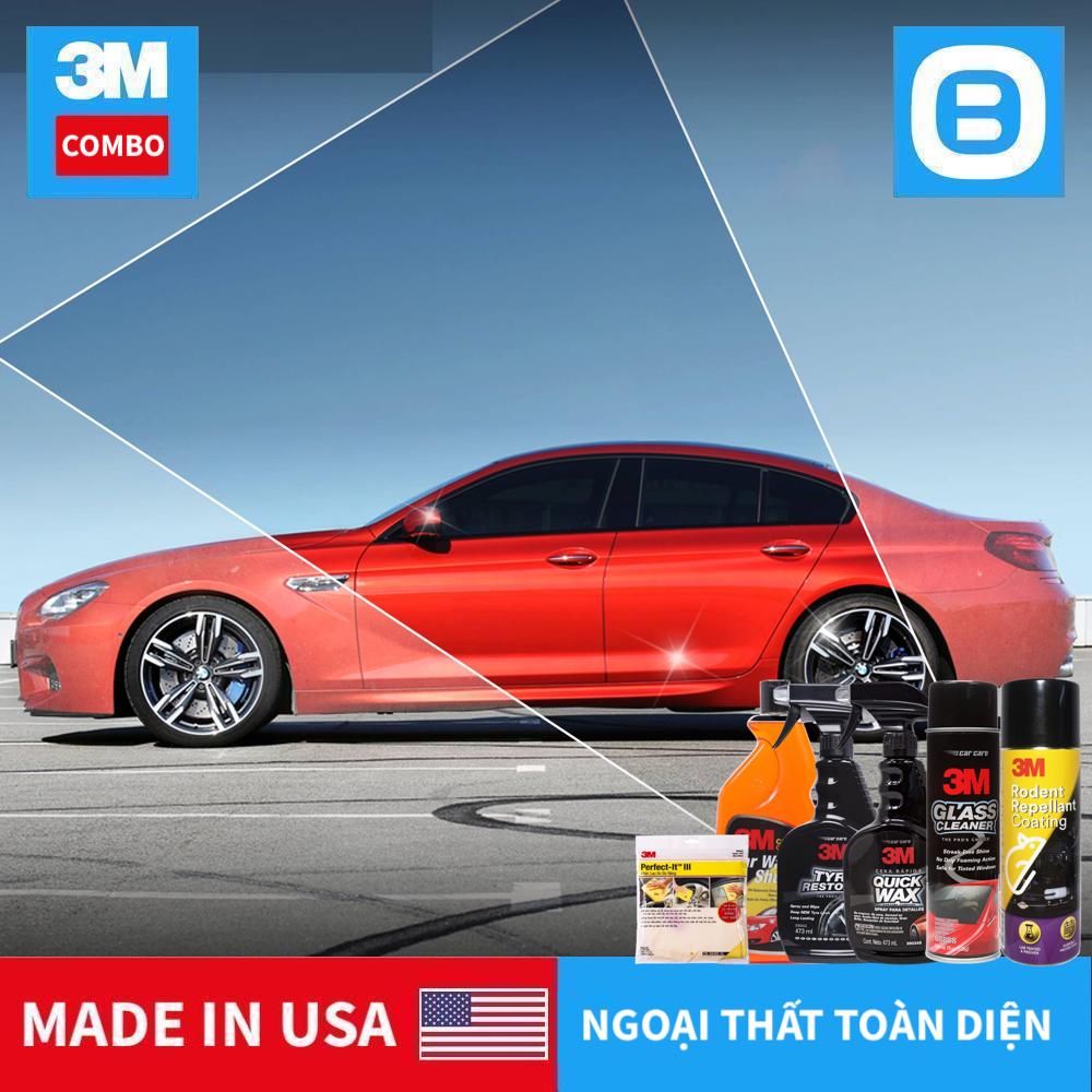 3M Combo ngoại thất toàn diện, 1 Xà bông rửa xe 1lít, 1 Khăn 50400VL chống xước, 1 Bóng sơn 39034 473ml, 1 Bóng lốp 39042 473ml, 1 Rửa kính 08888 538g, 1 Chống chuột 250g, Sạch bóng toàn diện