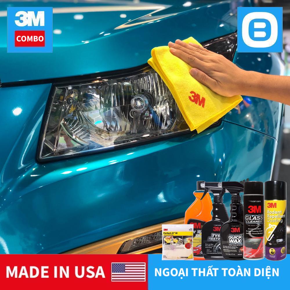 3M Combo ngoại thất toàn diện, 1 Xà bông rửa xe 1lít, 1 Khăn 50400VL chống xước, 1 Bóng sơn 39034 473ml, 1 Bóng lốp 39042 473ml, 1 Rửa kính 08888 538g, 1 Chống chuột 250g, Sạch bóng toàn diện