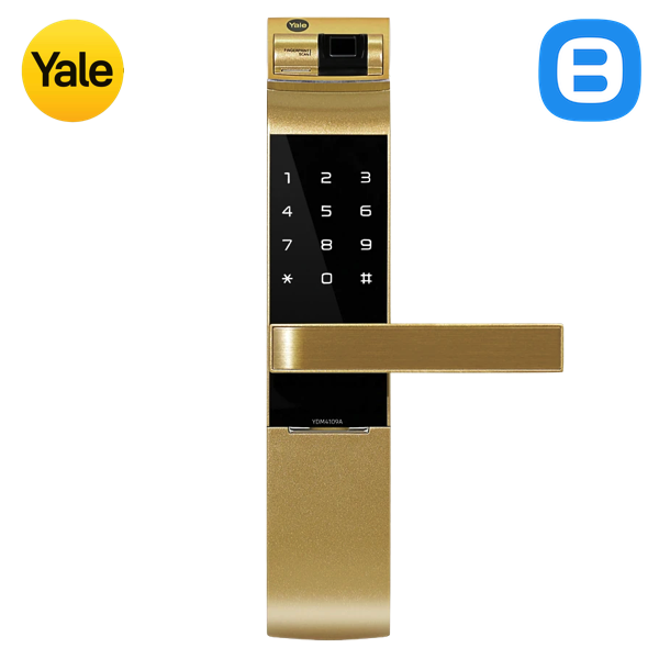 Yale YDM4109A, Khóa cửa điện tử thông minh cao cấp nhận dạng vân tay, Có tay gạt, Màu vàng