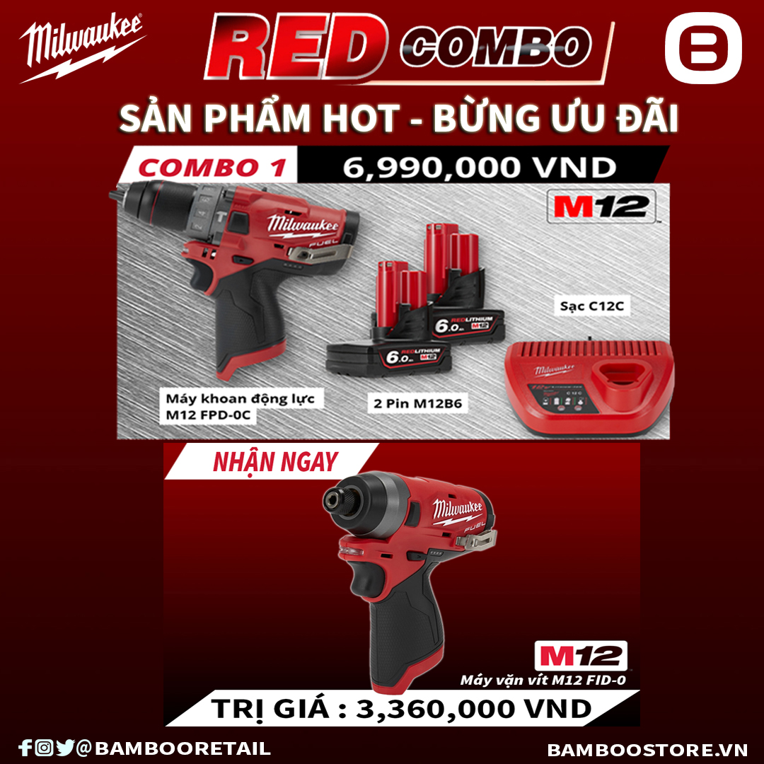 Milwaukee, Combo 1 - Sản phẩm hot - Bừng ưu đãi, 1 Máy khoan động lực M12 FPD-0C, 2 Pin M12B6, 1 Sạc C12C, 1 Máy vặn vít M12 FID-0
