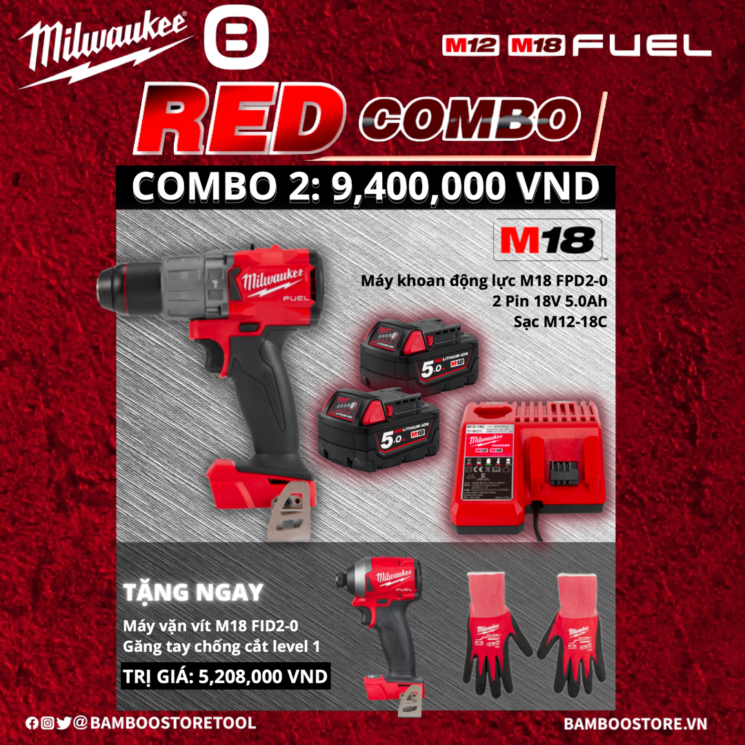 Milwaukee, Combo 2 - Bùng nổ deal siêu ưu đãi, 1 Máy khoan động lực M18 FPD2-0, 2 Pin 18V 5.0Ah, 1 Sạc M12-18C, 1 Máy vặn vít M18 FID2-0, 1 Bộ găng tay chống cắt level 1
